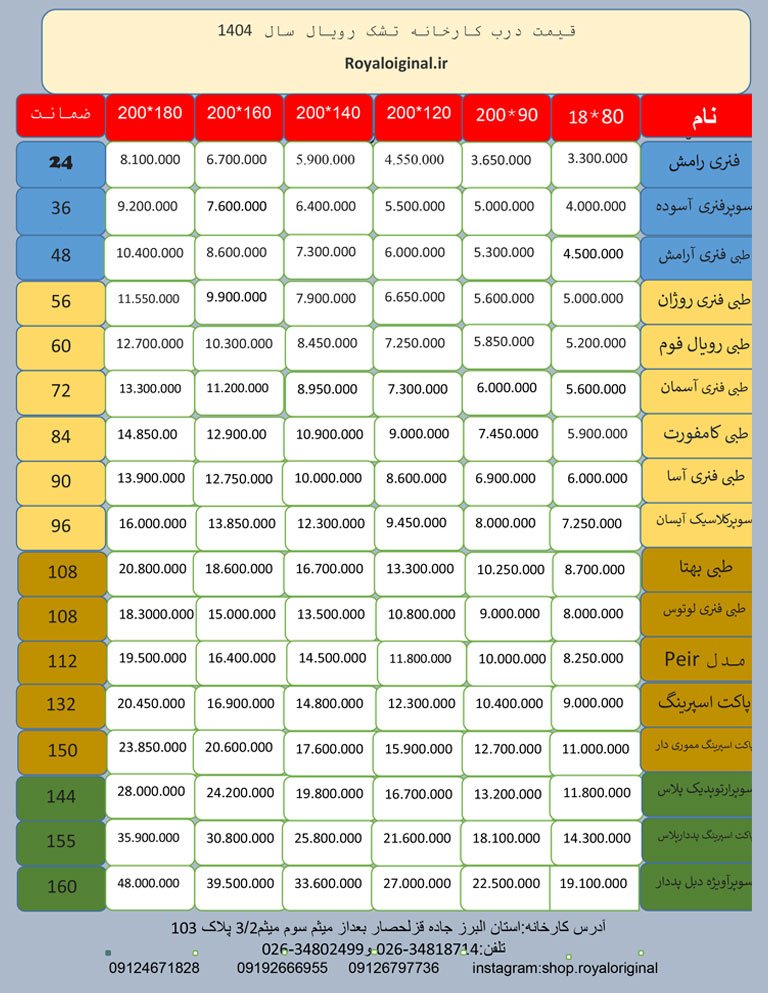 لیست قیمت تشک رویال