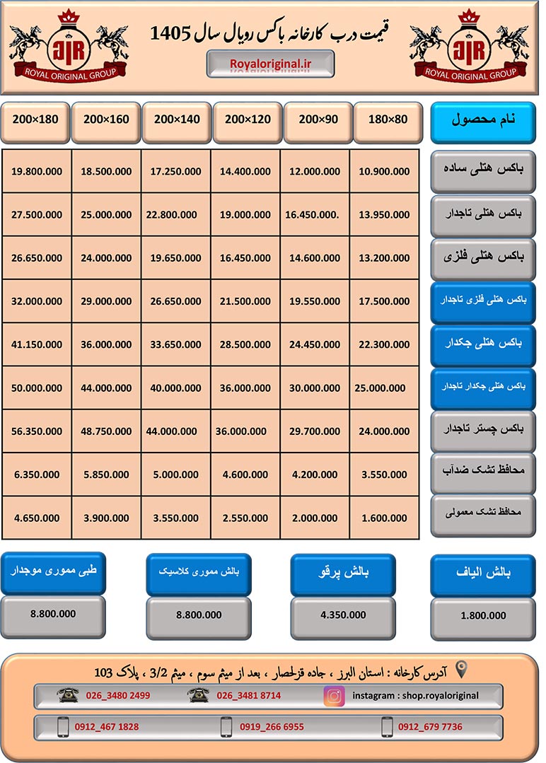 لیست قیمت باکس تشک